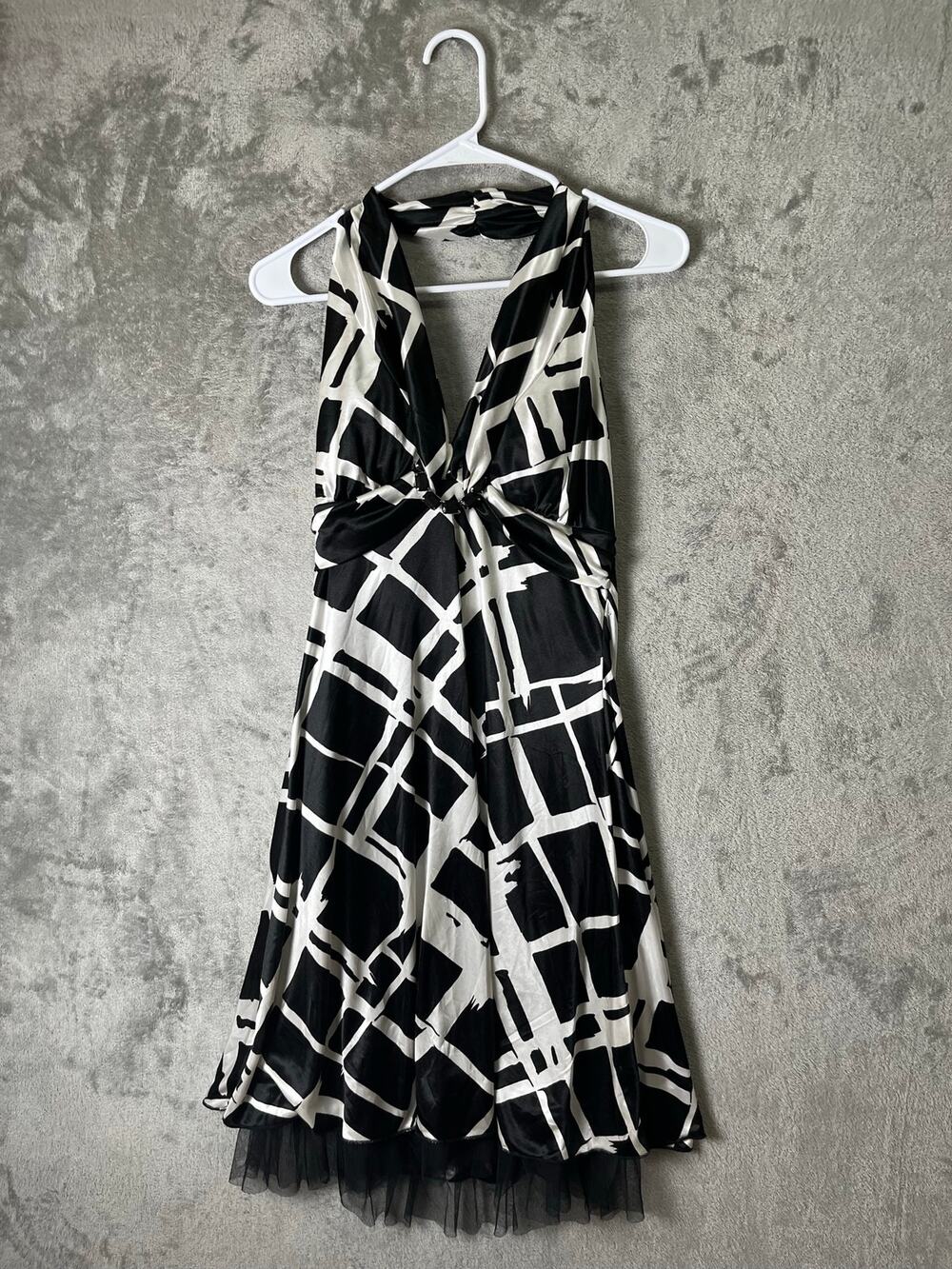 Vintage‎ Y2K Indie Sleaze Halter Midi Dress Black White Abstract Mesh Hem Medium